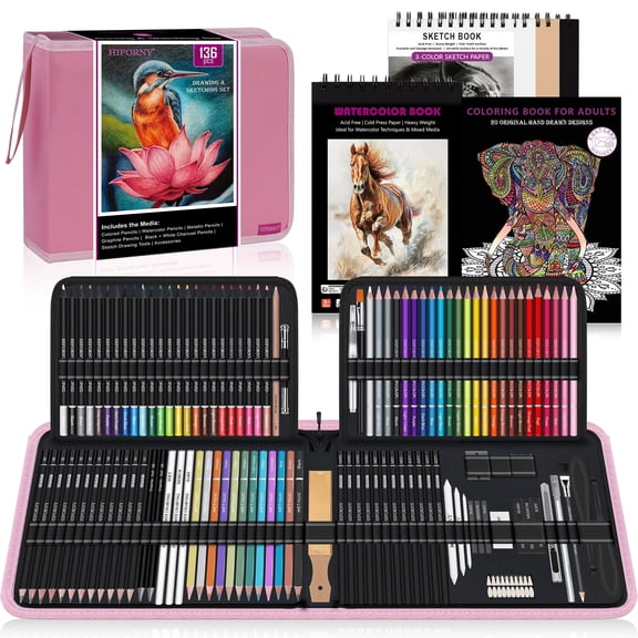 HIFORNY 136 PCS Drawing & Sketching Set,Pro Art Supplies with Graphite,Charcoal, Colored,Watercolor,Metallic Pencils,Blending Tools,Sketchbook,Watercolor Book and Coloring Book in Zipper Case(Pink)