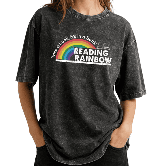 Retro Reading Rainbow Take A Look Quote Wash Print Tshirt S-2XL Vintage Black Graphic Tees Gift Shirts for Book Club Tops