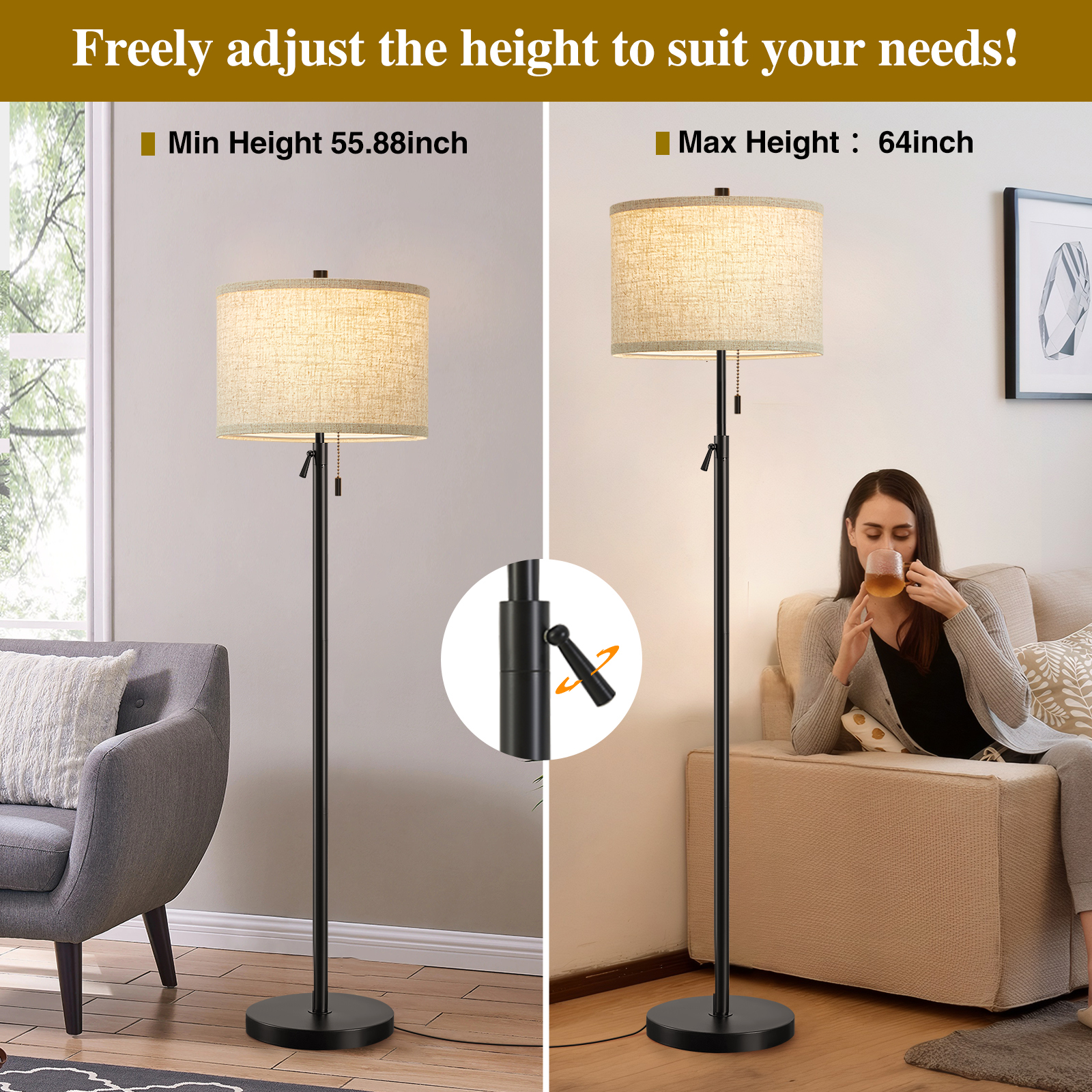 Natyswan 64" Floor Lamp, Adjustable Height, Black photo 5