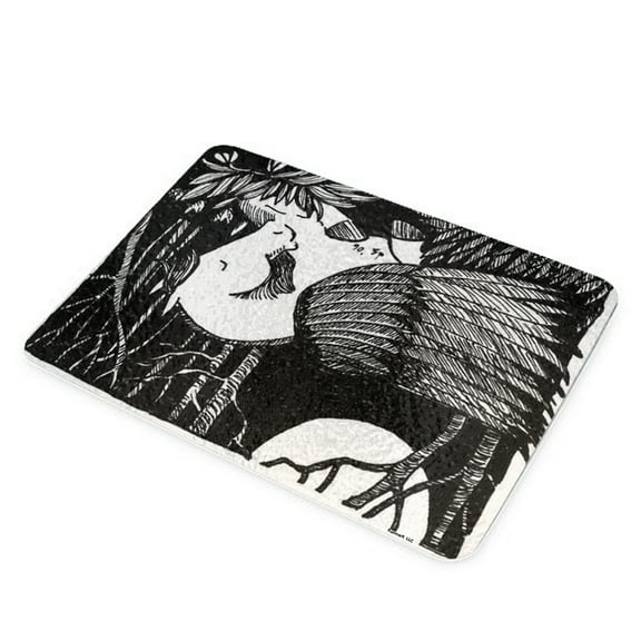 KuzmarK Glass Cheese Cutting Board 11"x7.75" - Pegasus Sleeping pen and Ink Drawing black and white Art by Denise Every