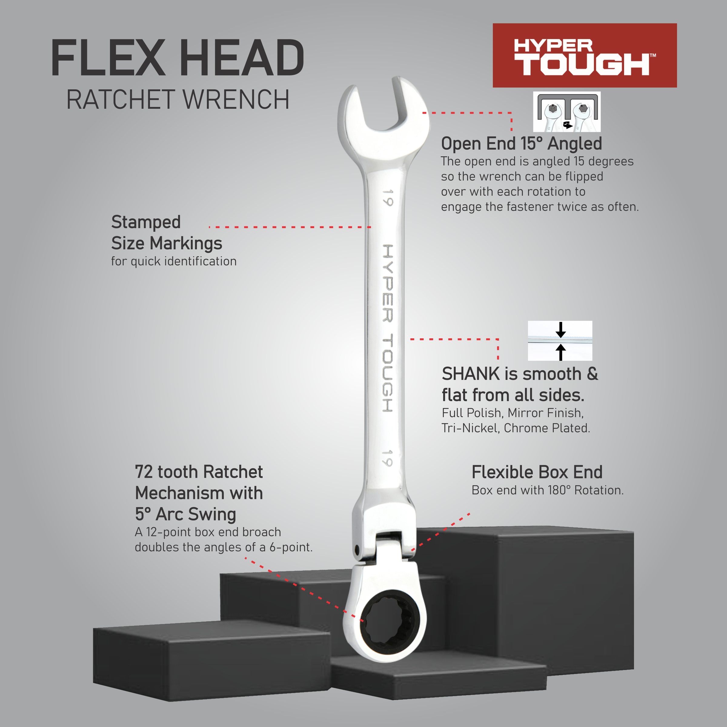 Juego de 12 llaves de trinquete de cabeza flexible métricas Hyper Tough 7