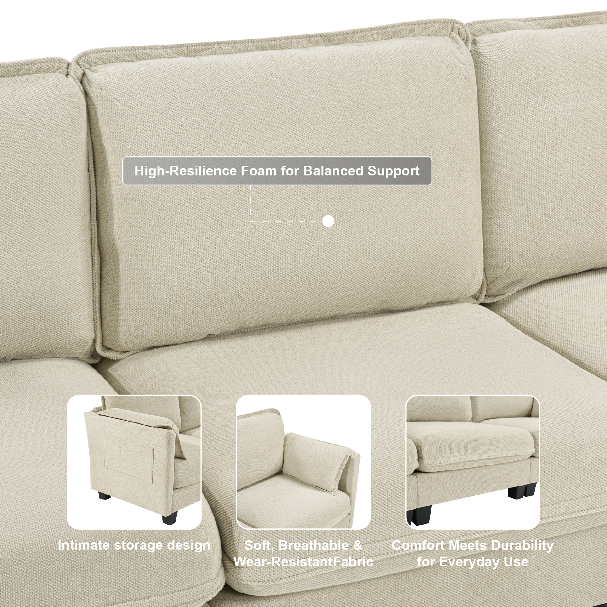 L-Shaped Sectional Sofa with Detachable Storage Armrest Cushion, 93-Inch Cotton-Linen Brushed Fabric 3-Seater Couch for Living Room, Beige