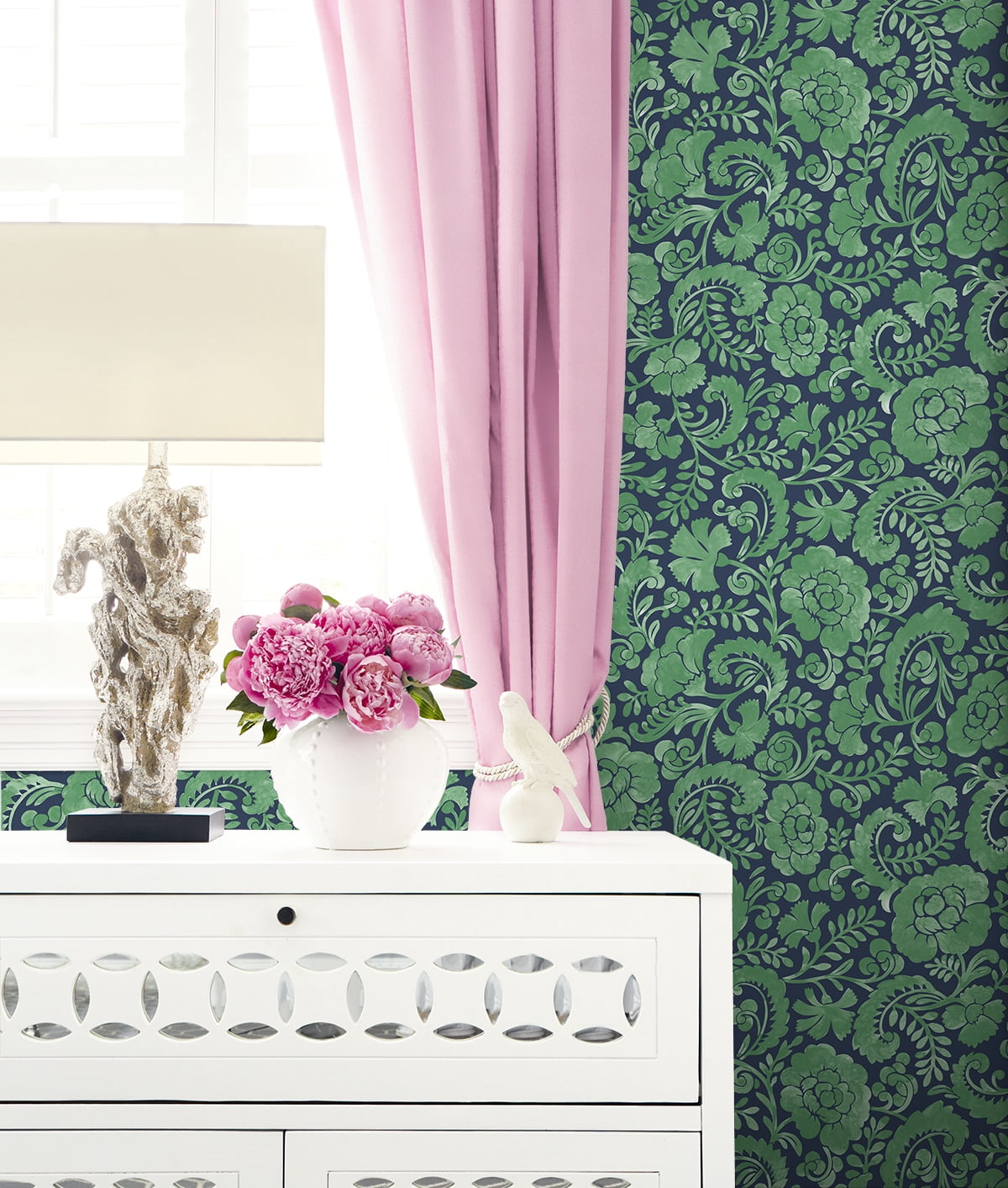 NextWall Spearmint & Navy Tonal Paisley Peel and Stick Wallpaper