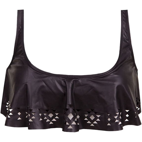 Bikini Lab BLACK Faux-Leather Laser-Cut Cropped Swim Top, US Large