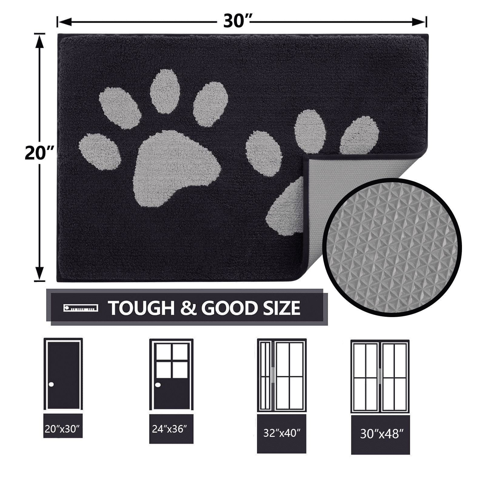 Smiry Dog Door Mats for Muddy Shoes and Paws, Non Slip Low-Profile Washable Indoor Doormats, Absorbent Dirt Trapper Entryway Rugs, 48"x30", Black and Grey