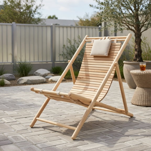 Resenkos Outdoor Chaise Lounge Chair, Solid Fir Wood Lounge Chair with 3-Level Adjustable Backrest and Soft Padded Headrest-Natural, Portable Recliner for Lawn Garden Beach Yard