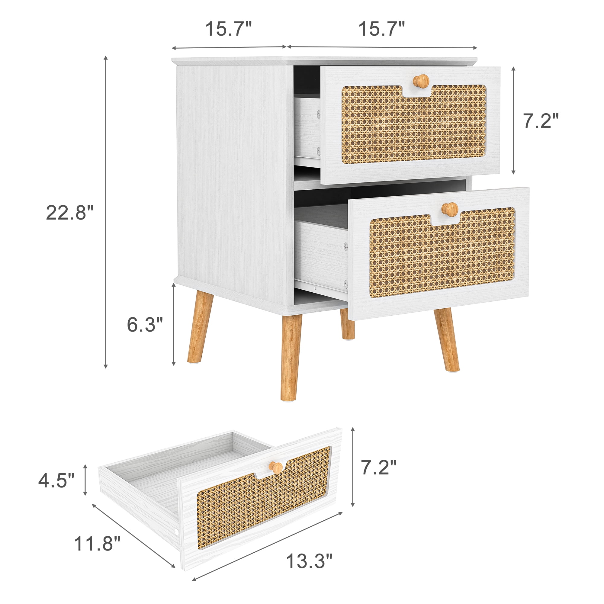 Finihen Nightstand, End Table, Side Table with 2 Hand Made Rattan Decorated Drawers, Wood Accent Table with Storage for Bedroom, White Finihen Nightstand, End Table, Side Table with 2 Hand Made Rattan Decorated Drawers, Wood Accent Table with Storage for Bedroom, White