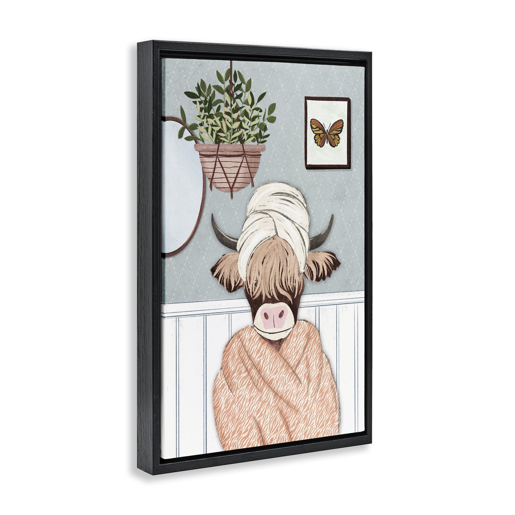 Stupell Industries Highland Cow Bathrobe Typography Painting Black Floater Framed Canvas Art Print Wall Art, 17 x 25