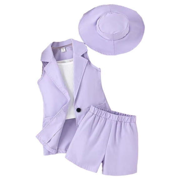 FAIWAD Toddler Kids Girls 4 Piece Outfits Sleeveless Blazer Suit Strape Vest Shorts Pants with Hat