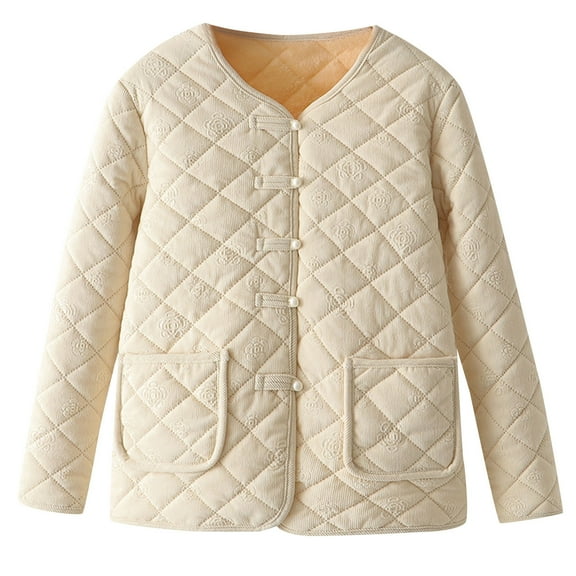 Womens Winter Plus Size Coats Warm Quilted Long Sleeve Floral Soild Puffer Beige Outerwear Coats With Pockets (5XL)