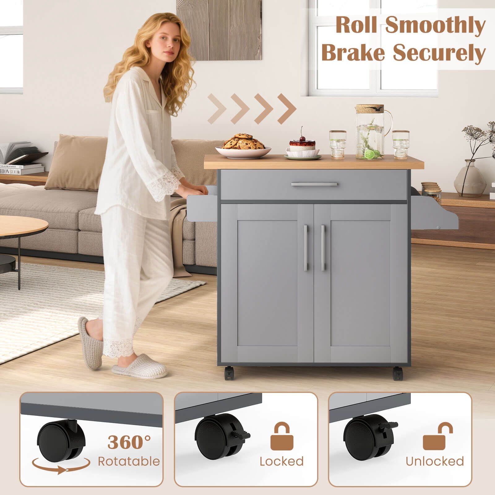 Costway Kitchen Island 44" Rolling Kitchen Cart with Drawer Adjustable Shelf Spice Rack Gray