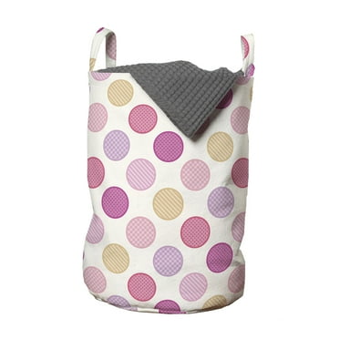 Colorful Laundry Bag, Circles with Checked Striped and Dots Pattern Soft Colors Geometric Illustration, Basket with Handles Drawstring Closure for Laundromats, 13" x 19", Multicolor, by Ambesonne