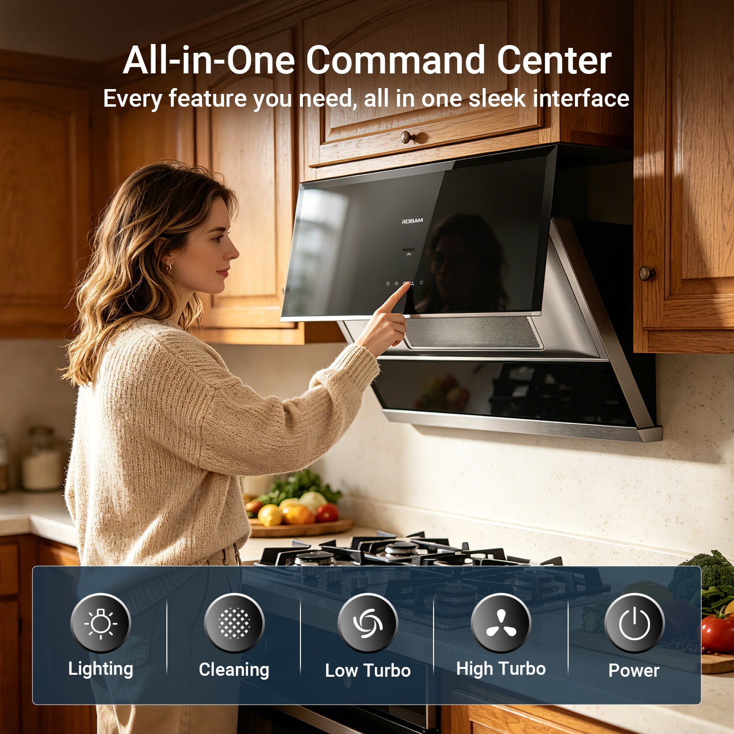 ROBAM 30" Range Hood, 1050 CFM Powerful Suction Kitchen Vent, Side-Draft Vent Hood, Gesture & Touch Control, Wall Mount or Under Cabinet Ducted Hood, Dishwasher Safe Baffle Filter, LED Lights