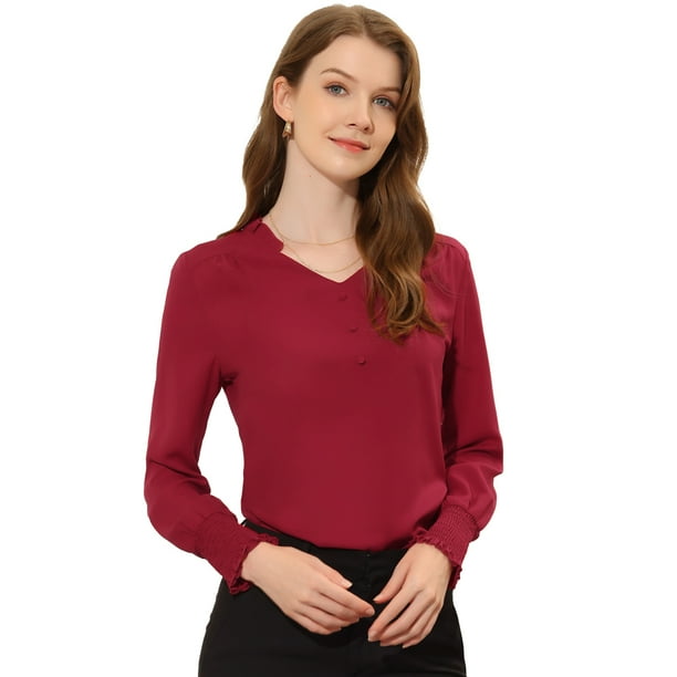 INSPIRE CHIC Blusa elegante de manga larga con cuello en V y volantes para mujer borgo?a S