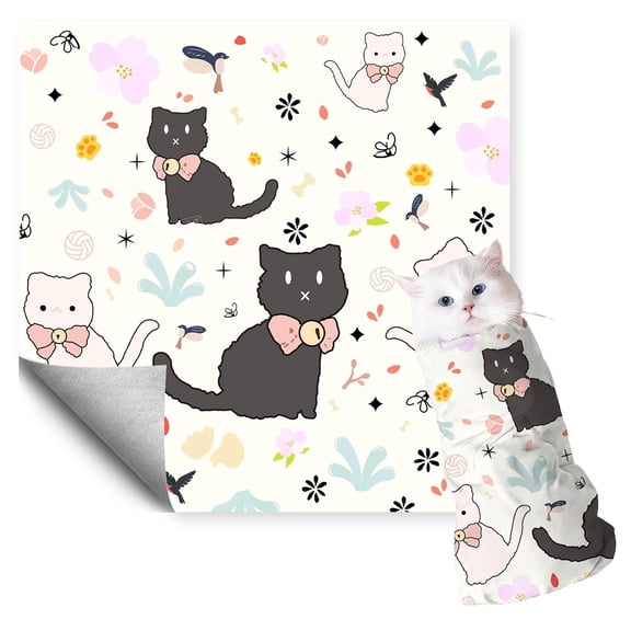 Black & White Cat Print Cat Grooming Wrap - Self-Adhesive Restraint Cloth for Nail Trimming, Anti-Scratch Anti-Escape Fixed Blanket for 6-10 lbs Small Kittens