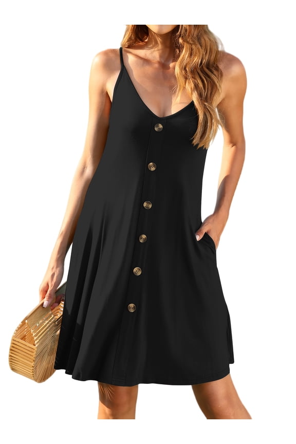 Women V-Neck Sleeveless Summer Dress with Pockets Button Down Beach Cover-Up