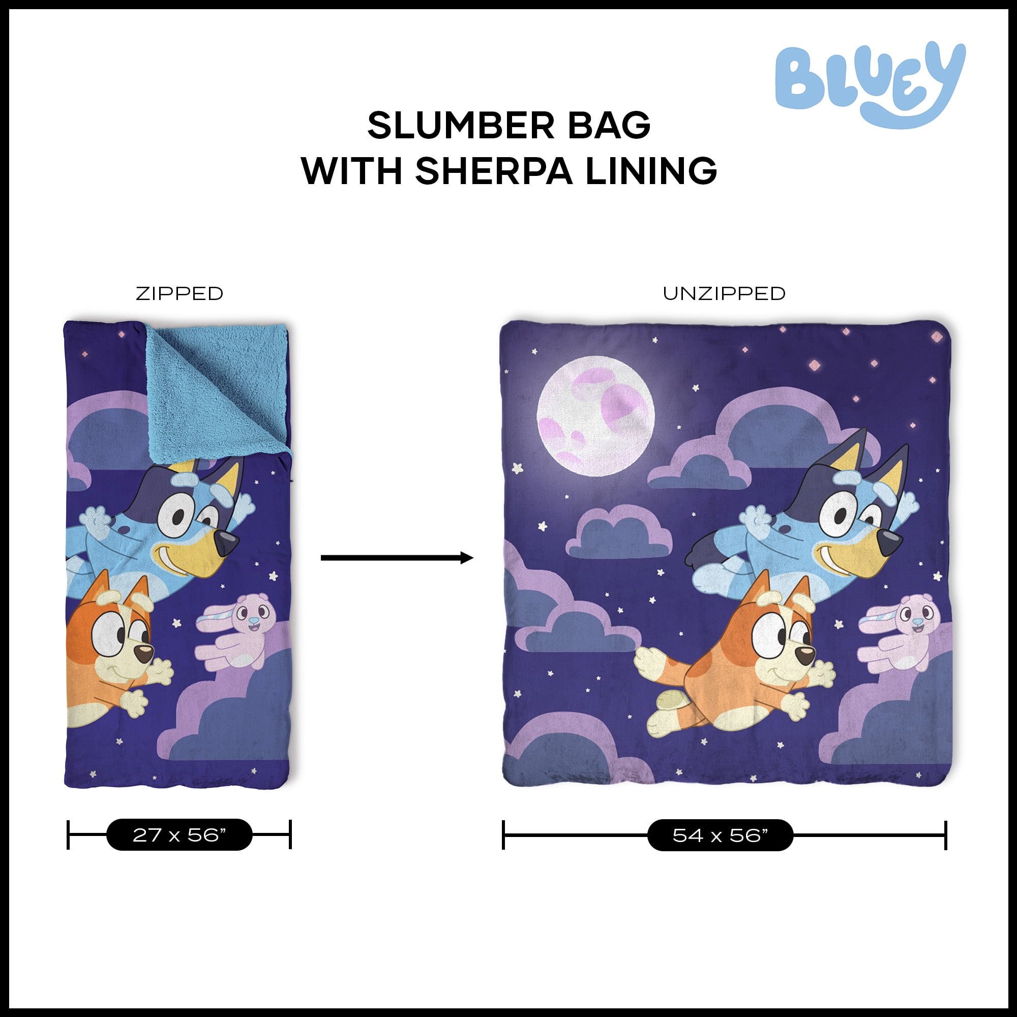 Bluey Bingo Slumber Pups Silk Touch Sherpa Sleeping Bag, Kids Entertainment