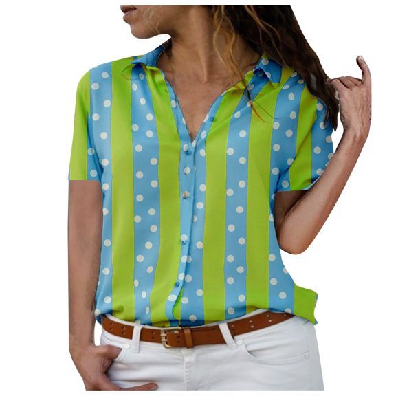 Button Down Shirt for Women Lapel Stripe Polka Dots Short Sleeve Tops Casual Loose Fit Summer Going out Blouse Tee