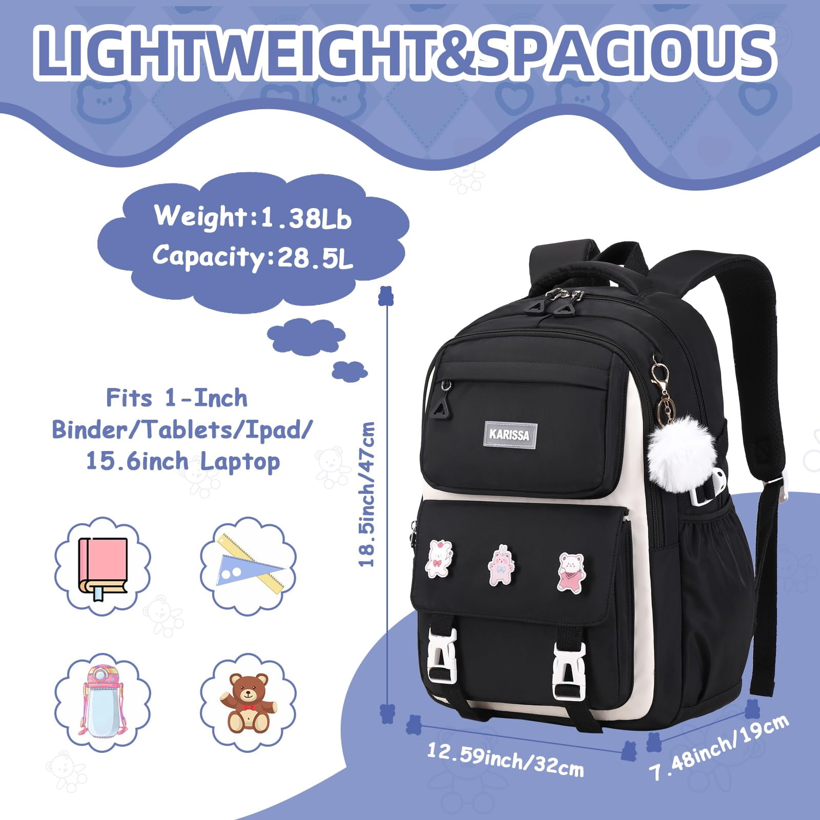 Soda Candy Backpacks with Anti-Theft Back Pocket, Lightweight School Backpack, Water Resistant Bookbag, Black