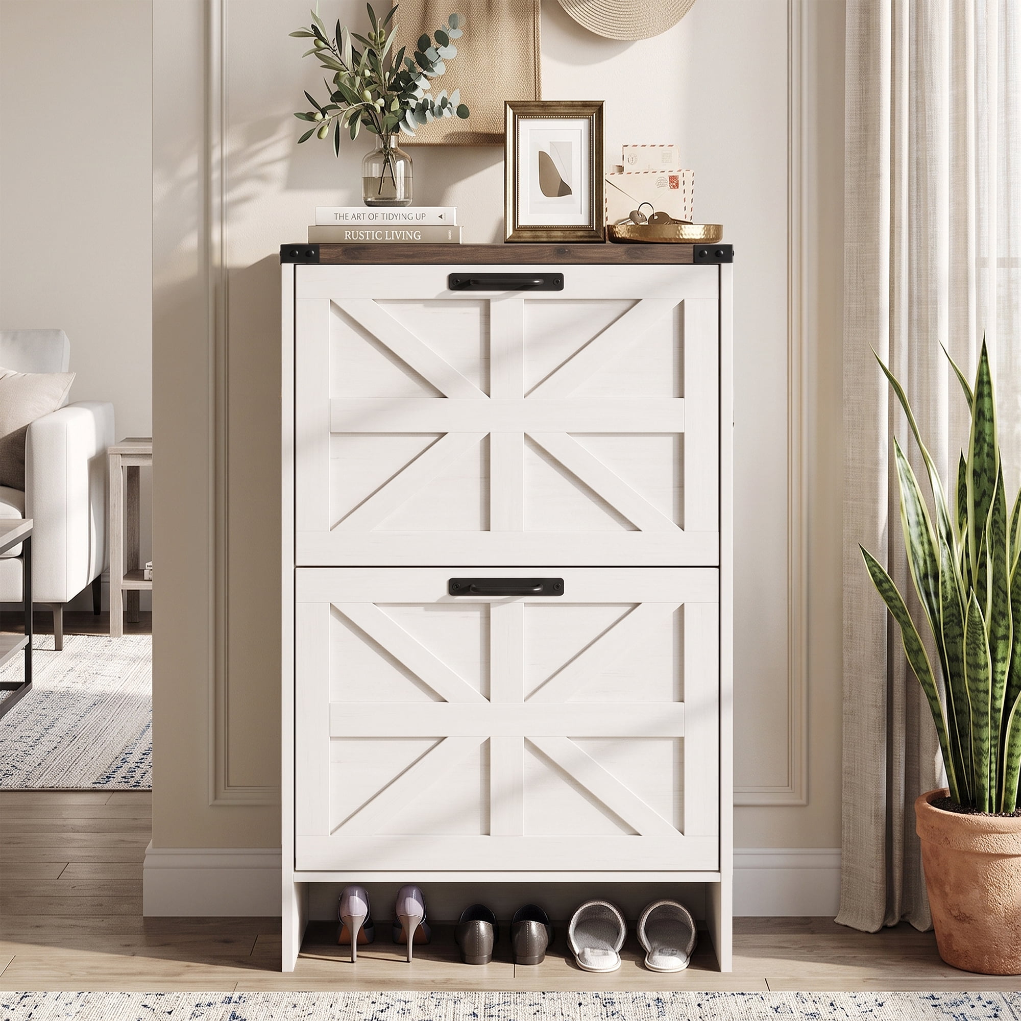 Ktaxon Rattan Shoe Cabinet with 4 Flip Drawers, 8 Layers, Holds 24