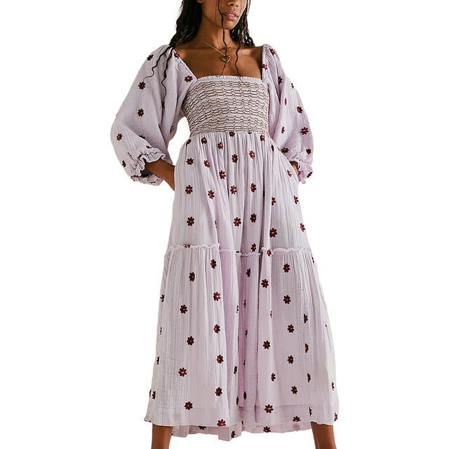 SUNSIOM Women Long Dress, Flower Embroidered Long Sleeve Dress Lantern Sleeve Square Neck Flowy Spring Fall Dress