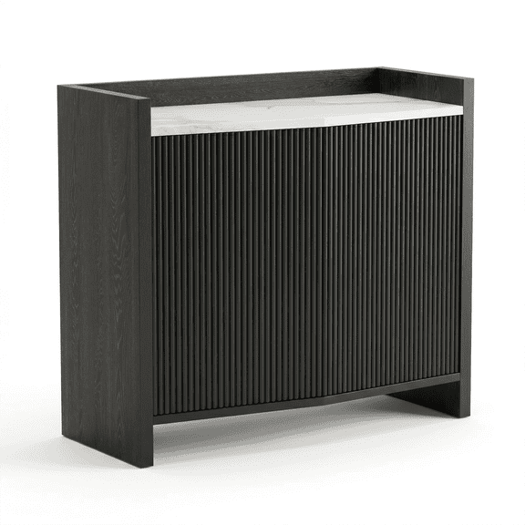 Domvaranique Black Fluted Sideboard Cabinet with Marble Top, 2 Shelves, Push-Open Storage