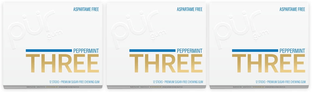 THREE Gum Sugar Free Chewing Gum with Xylitol - Natural Peppermint Flavor - 12 Pieces (Pack of 3)