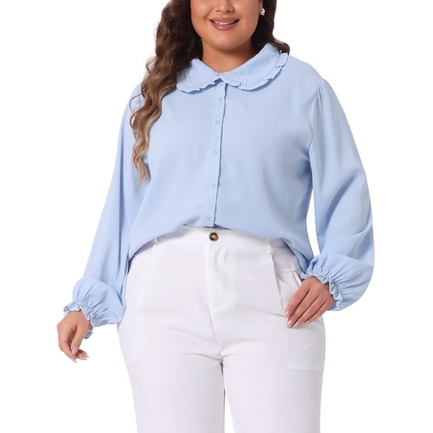 Camisas de mujer de tallas grandes Agnes Orinda, blusas de chiffon con cuello Peter Pan y mangas largas, 3X, azul claro