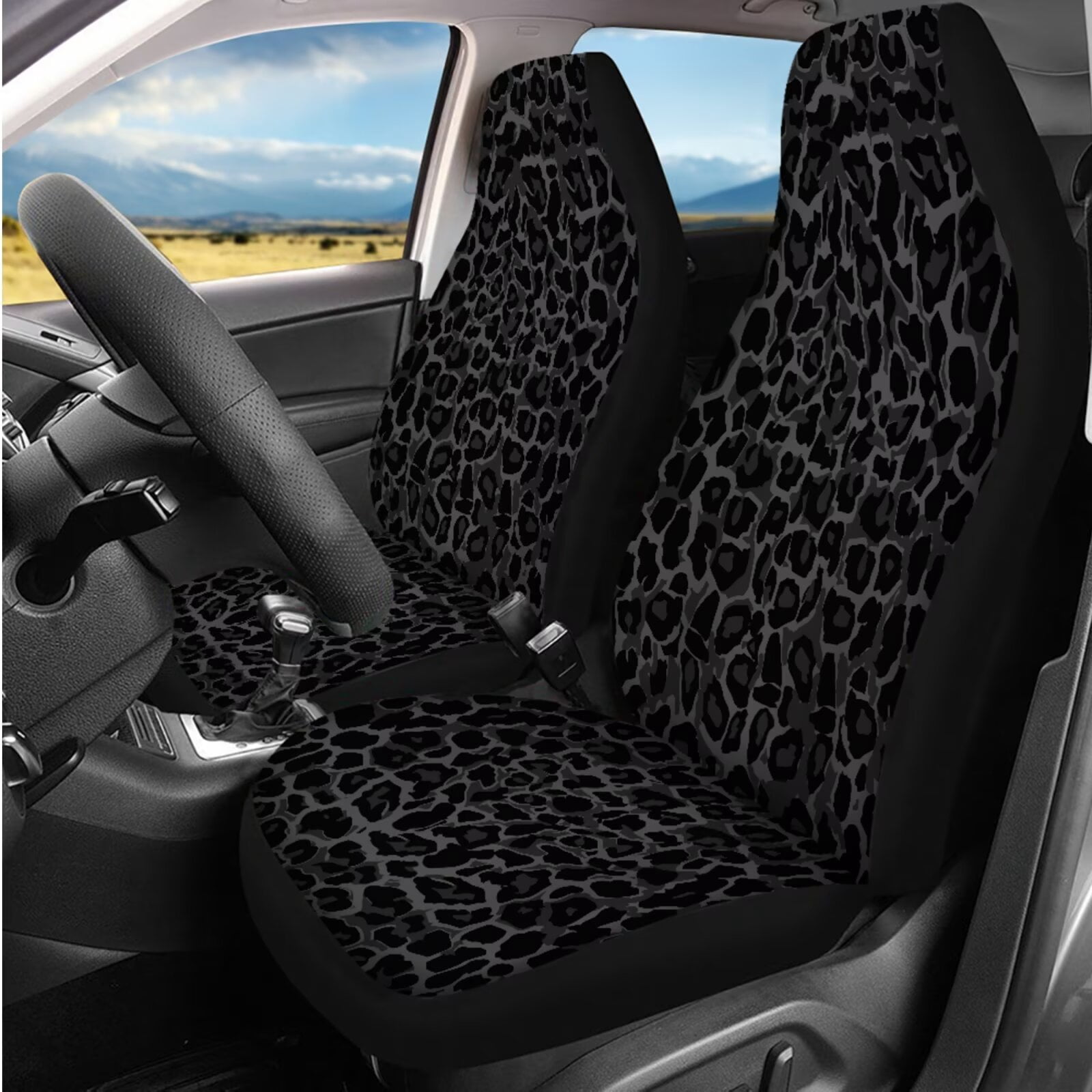 HUIACONG Black Leopard Print Car Seat Covers Full Set for Women Cheetah Print Car Accessories 14 Pcs Including Seat Belt Covers Steering Wheel Cover Armrest Cover Headrest Cover Coasters Keychain