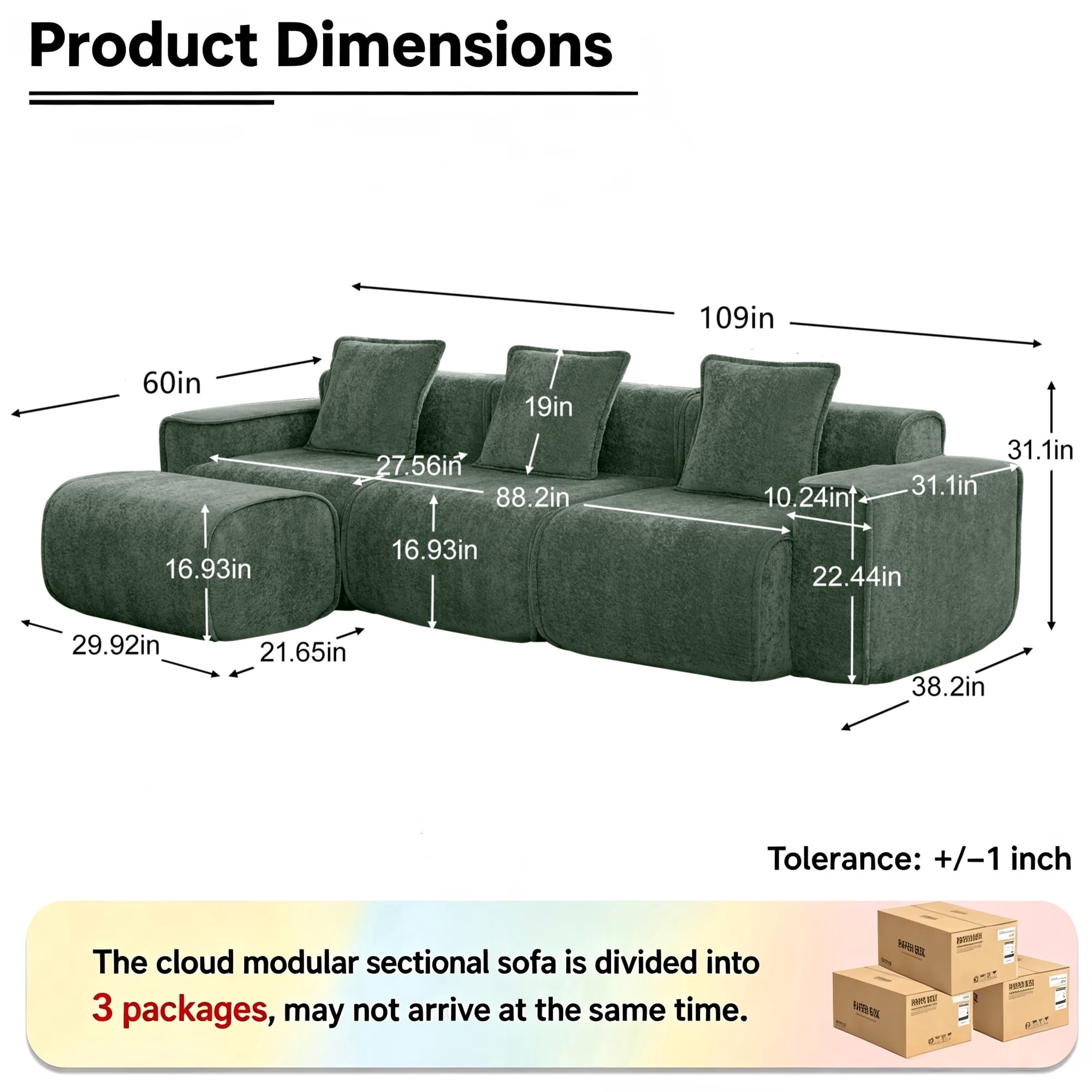 Aukfa 109" Cloud Sectional Sofa Oversized Boneless Couch Modular L-Shaped Sofa with Ottoman for Living Room, Velvet, Green