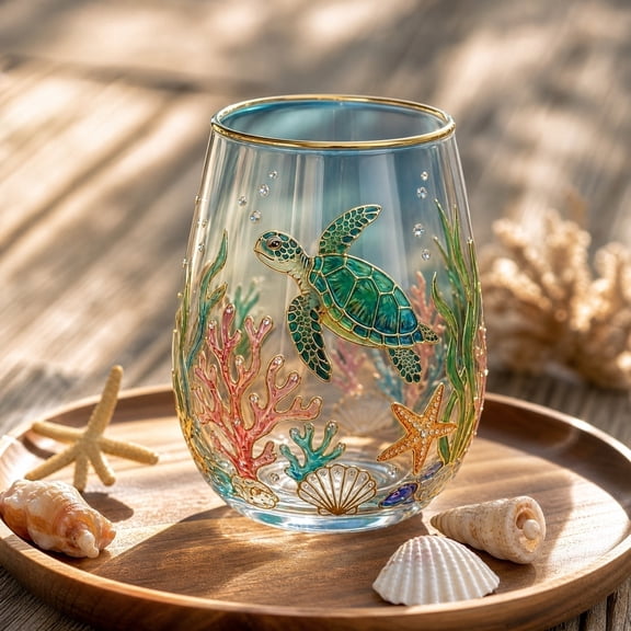 Sea Turtle Stemless Wine Glass, 17oz Coastal Drinkware - Hand-Blown Glass Tumbler, Unique Sea Beach Themed Gift - Birthday & Housewarming Decor (1PC)