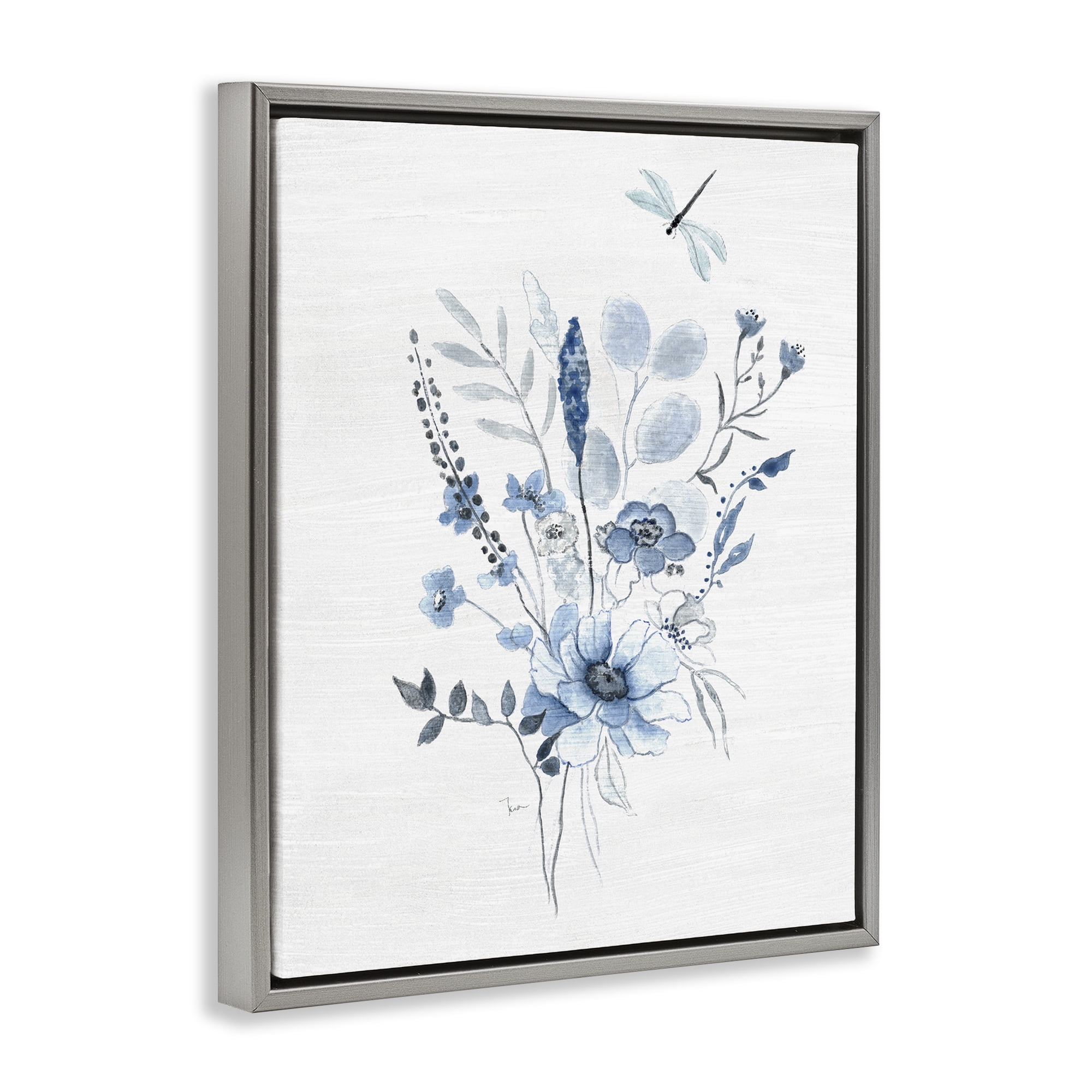 Stupell Industries Soft Blue Wildflowers Botanical & Floral Painting Gray Floater Framed Art Print Wall Art, 17 x 21