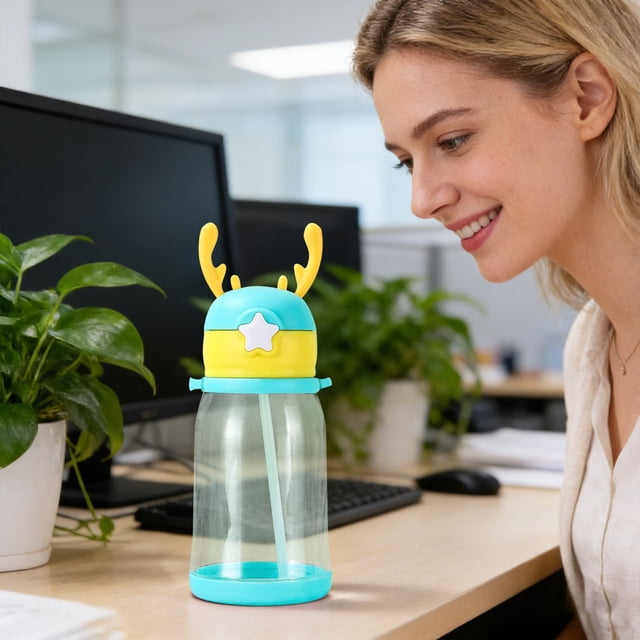 BUTASY Water Bottle 600ml Sticker Version Deer Large Capacity Cup Cute Deer Straw Water Bottle Leakproof Portable Cup For Adults And Kids Daily/Travel