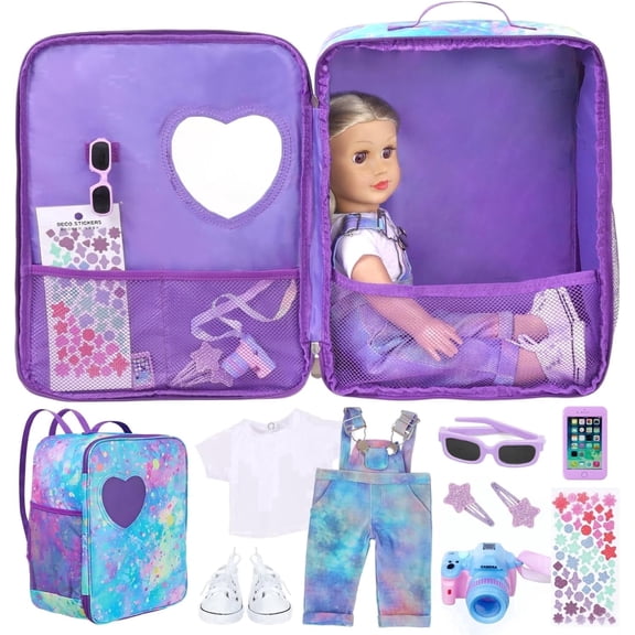 K.T. Fancy 18 inch Doll Carrier Backpack - Blue and Purple Tie-Dye Style Travel Set with Accessories