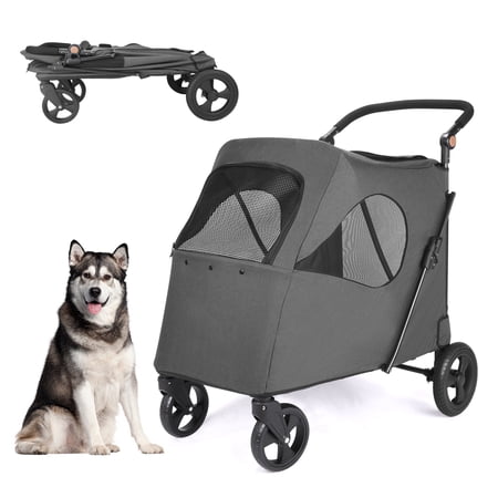 Wedyvko Dog Stroller Pet Jogger Wagon Foldable Cart with 4 Wheels, Adjustable Handle, Mesh Skylight Pet Stroller for Small to Large Dogs (Gray)