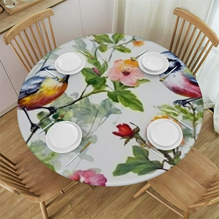 

HAOXIT Fitted Round Tablecloth Garden Flower Floral Bird Branch Plant Cartoon Leaf Yellow Table Cover Elastic Edged Table Cloth Fits Round Tables 42-46