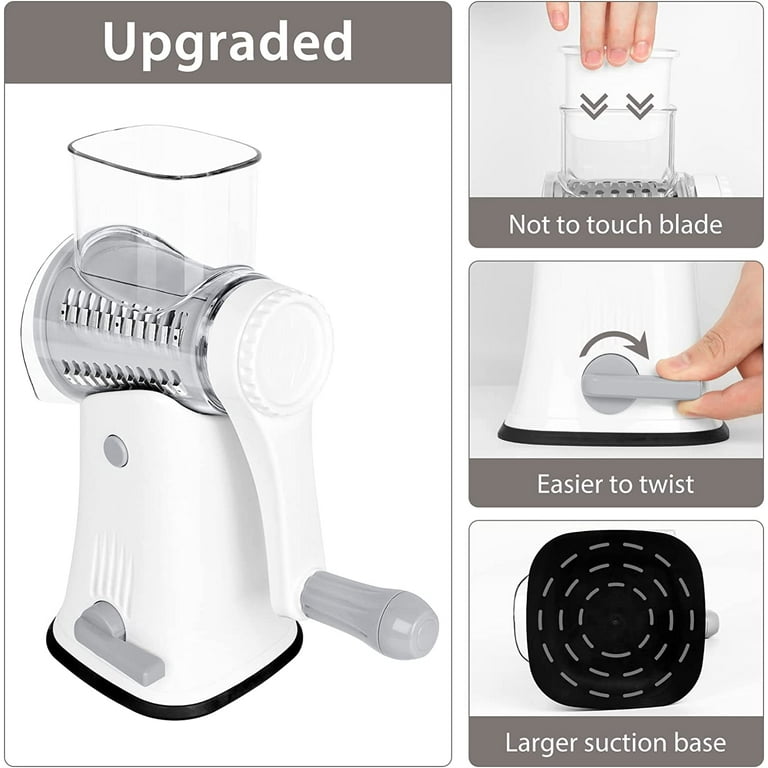Premium Rotary Cheese Grater, Manual Cheese Grater with Handle, Handheld  Vegetables Slicer Cheese Shredder with Rubber Suction Base, 3 Stainless Drum  Blades Included, Easy to Use and Clean, Blue 