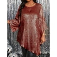 thumbnail image 3 of Women'S 2025 Plus Size Loose Round Neck Nine-Point Sleeve Irregular Hem Tops  Red XXL, 3 of 6