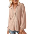 thumbnail image 2 of Women's Openwork Lapel Shirt, Long Sleeve Button Down Blouse, Breathable Loose Fit Top, Cutout Detail Casual Shirt, Woven Fabric Tunic Style Top Beige L, 2 of 5