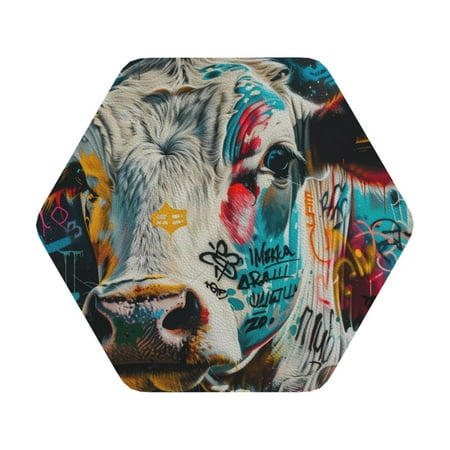 

Matuu Colorful Graffiti Cow for Cup Coasters Set of 6 Leather Coasters Desk Coasters for Office Measures 4” x 4” Hexagon