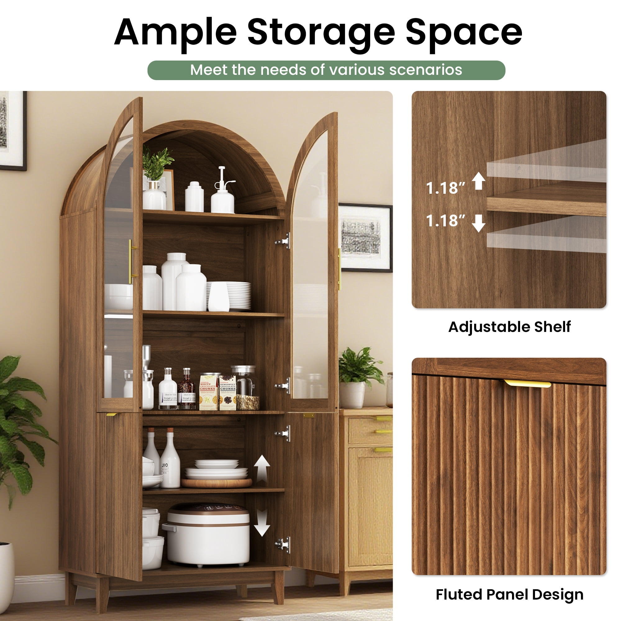 PamapicLife 71" Tall Walnut Arched Cabinet, Fluted Kitchen Pantry With Glass Doors, Adjustable Shelves