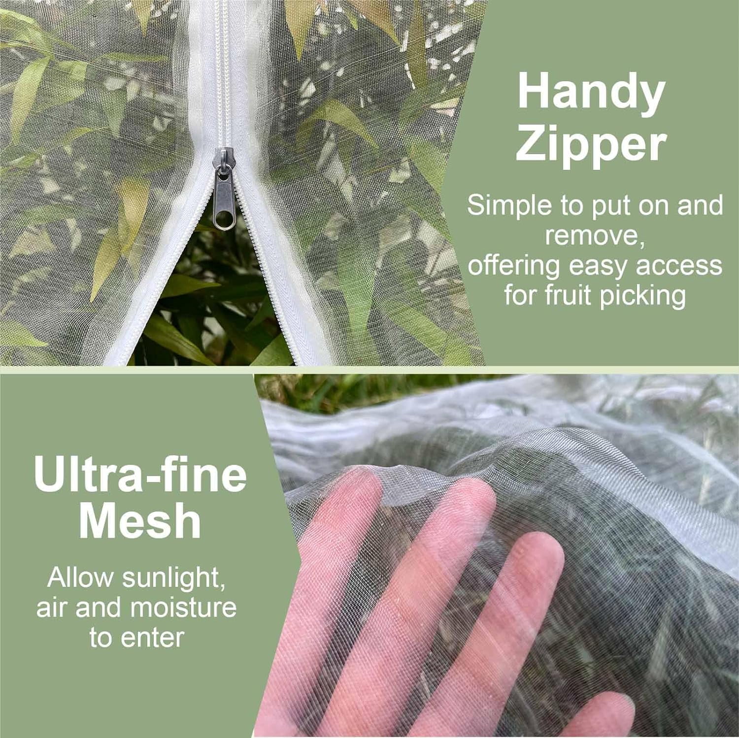 Fruit Tree Netting Cover with Zipper and Drawstring, 2 Packs  Insect Bird Barrier Netting for Garden Protection, Ultra Fine Mesh Garden Netting
