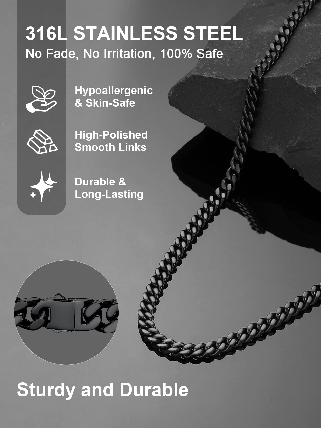 ChainsProMax Black Chain for Men 20inch Mens Chain Necklaces Cuban Chain Men's Stainless Steel Necklace