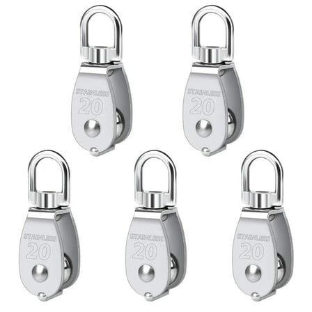 Pulley 304 Stainless Steel Single Pulley Block M20 Small Heavy Duty Swivel Bearing Pulley System for Rigging,5Pack