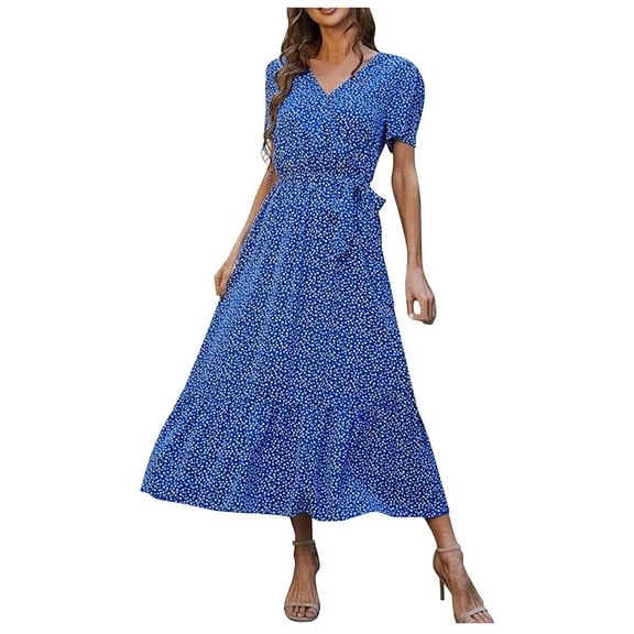 Kureaily Women's Flower Summer Dress V Neck Short Sleeved Belt Pleated Hem A Shaped Bohemian Dress Features: