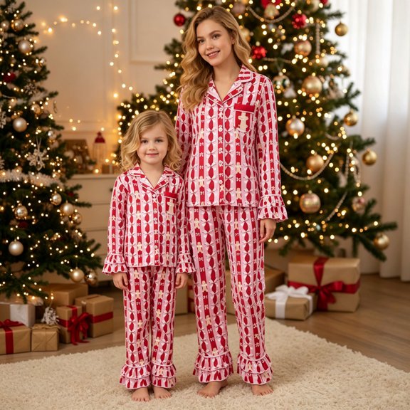 AIGUR Christmas Mommy and Me Pajamas Set Bow Gingerbread Man Print Long Sleeve Shirt with Pants Sleepwear Loungewear