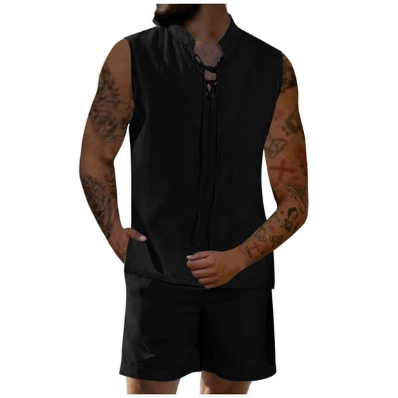 Miqool Mens Summer Beach Outfits 2 Piece Shorts Sets Sleeveless Lace-Up Shirts and Shorts Set Sweatsuit Track Suits with Pockets