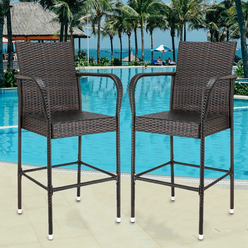 DlandHome 2 Pieces Patio Bar Stools Indoor Outdoor Wicker Rattan Barstool Armchair Set Rattan Wicker Chairs Set with Footrest and Armrest DUS-OMN-C-3000 