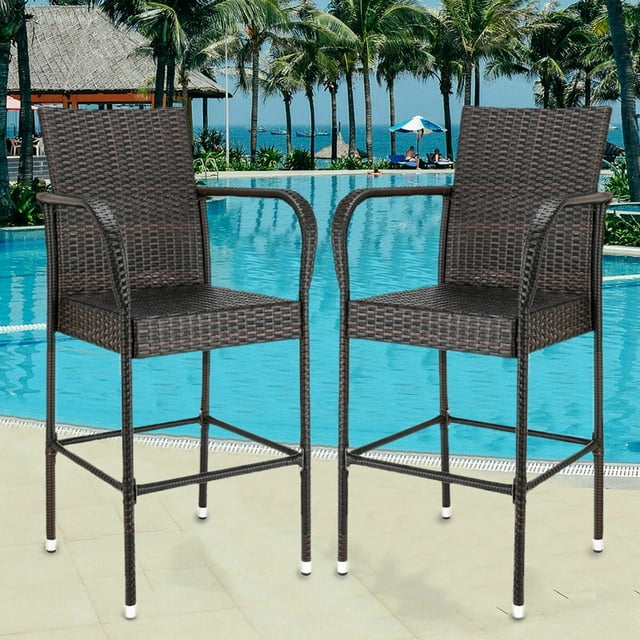 Bar Stools Set of 2, Upgraded Wicker Bar Stool Chairs, Outdoor Patio Furniture Barstool Rattan Chair with Armrest and Footrest, Lounge Chair Bar Height Patio Set for Garden Pool Lawn Backyard, W2112