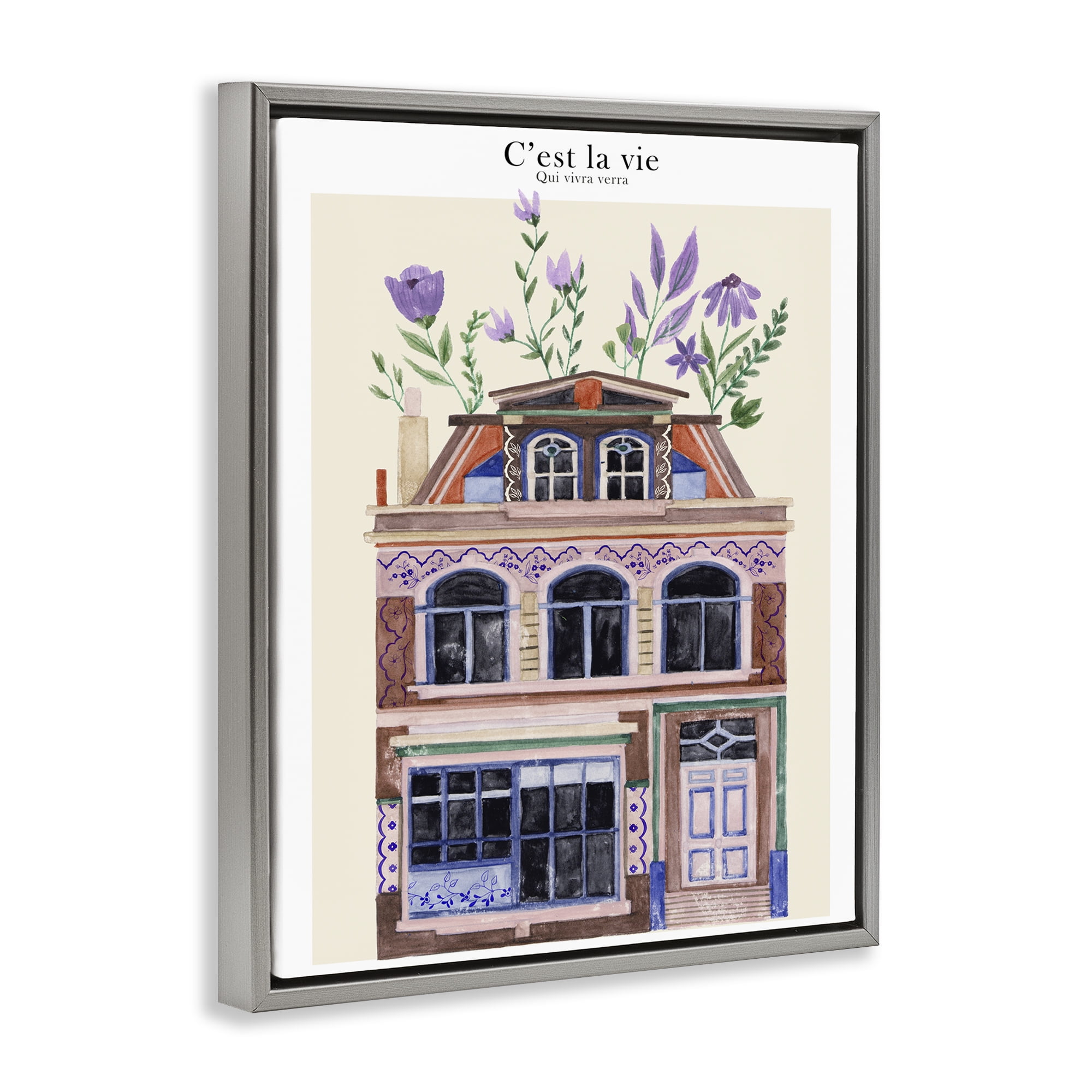 Stupell Industries Town Architecture with Blooms Buildings & Architecture Painting Gray Floater Framed Canvas Art Print Wall Art, 25 x 31